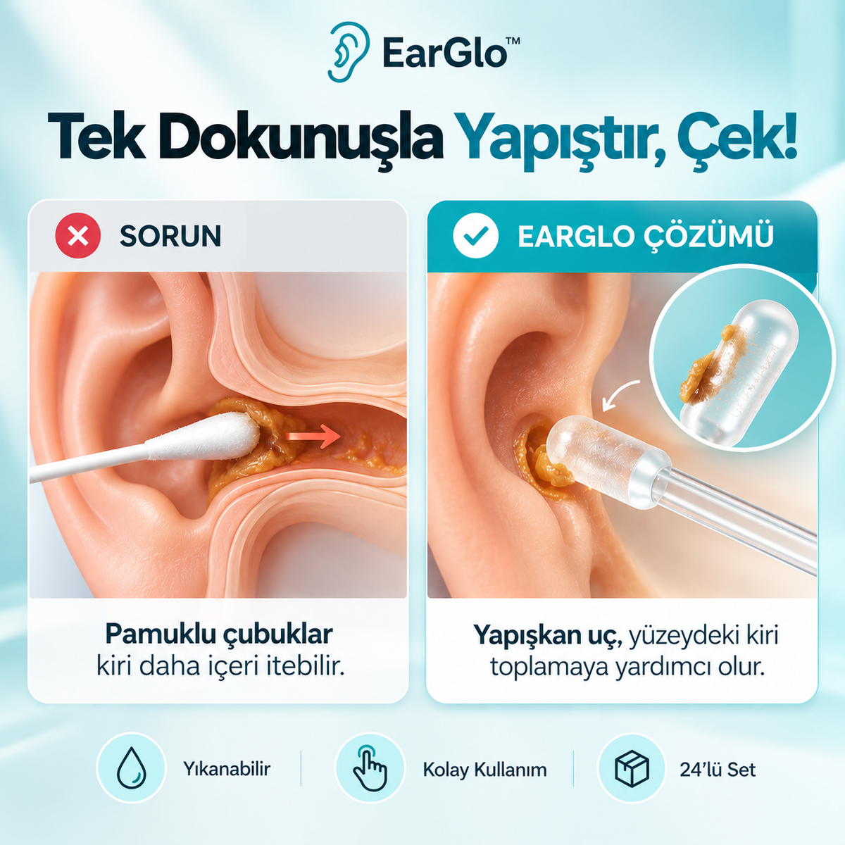 EarGlo™ Yapışkan Uçlu Kulak Temizleyici